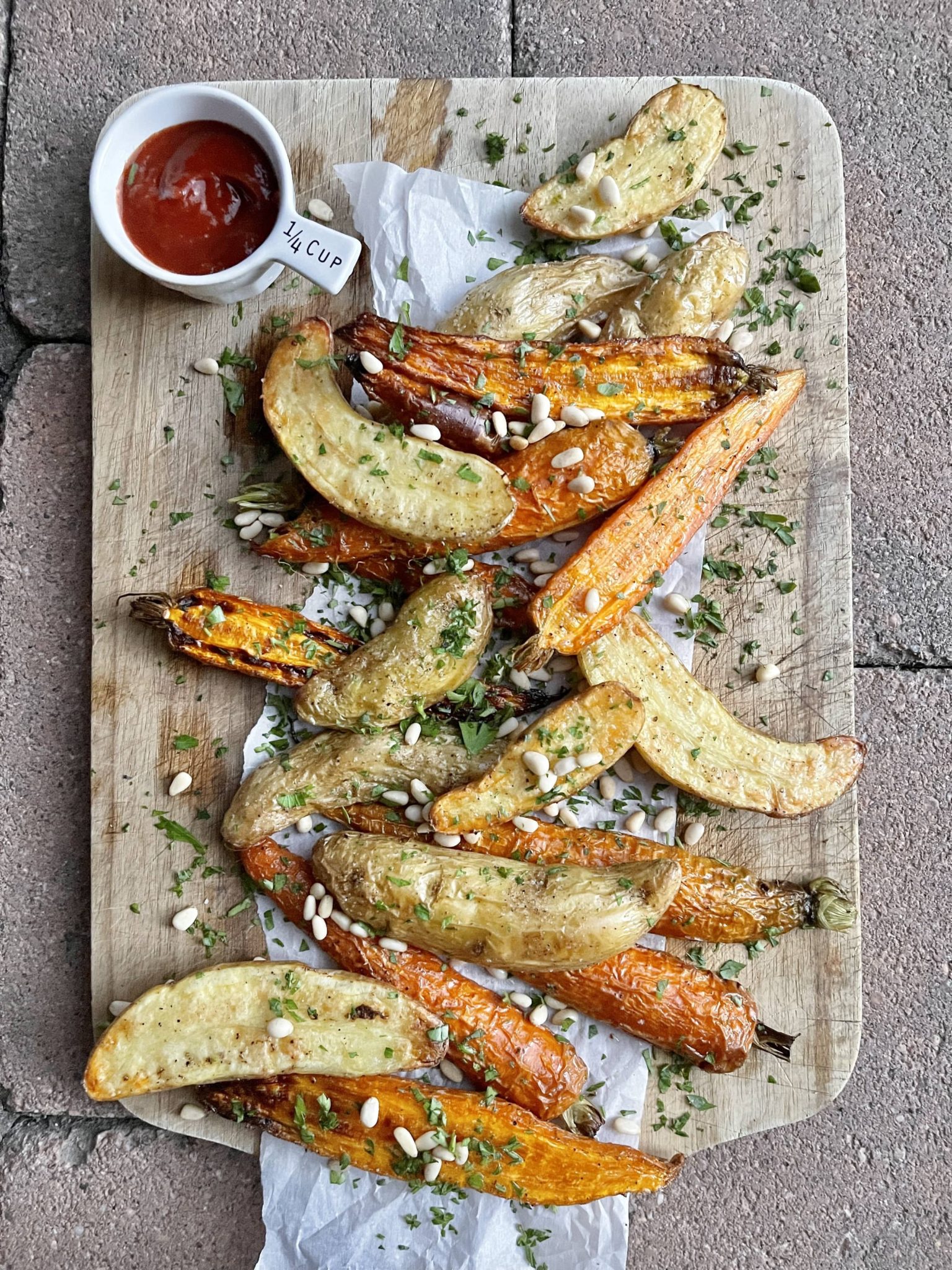 Duck Fat Roasted Root Vegetables with Spicy Tahini Ketchup White